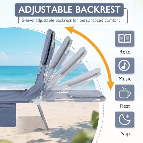 Majnesvon Folding Beach Lounge Chair with Face Hole and Arm Slots, 5-Level Adjustable Sun Lounger Tanning Chair with Pillow for Patio, Garden, Beach, Pool(Gray 2) - color: Gray 2