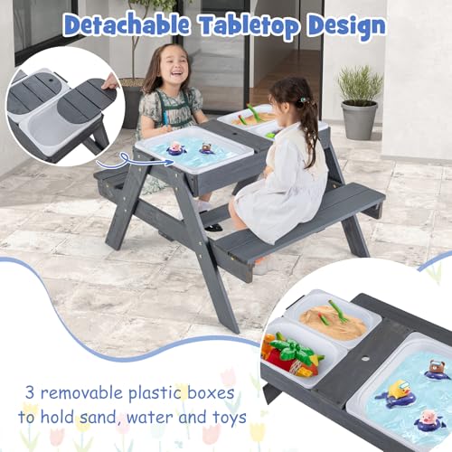 HONEY JOY Kids Picnic Table, 4 in 1 Cedar Wooden Sand & Water Table w/ 3 Removable Box & Umbrella, Kids Picnic Tables for Outdoors Backyard Garden, Toddler Patio Furniture Set for Boys Girls(Gray)