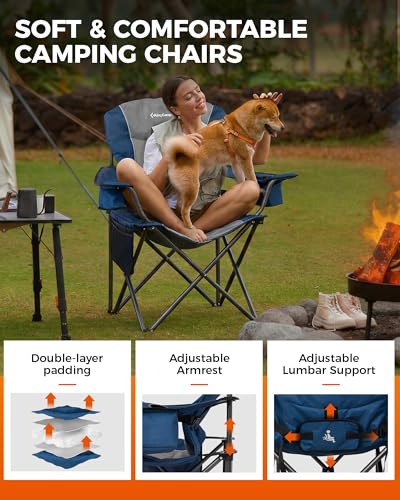 KingCamp Oversized Camping Chair with Adjustable Lumbar Support, 550lbs Heavy Duty Padded Folding Lawn Chair for Adults, Outdoor Armchair with Cooler Bag, Cup Holder & Side Pocket for Fishing, Travel - color: 2 Pack-blue/Mediumgrey