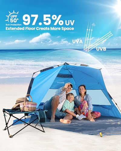 OutdoorMaster Beach Tent Sun Shelter for 3-4 Person, Pop Up Beach Tent Easy Setup with Sandbags, Portable Sun Shade Canopy with Carrying Bag for Beach & Outdoor, UPF50+ UV Protection, Family Size - color: Blue, size: X-Large