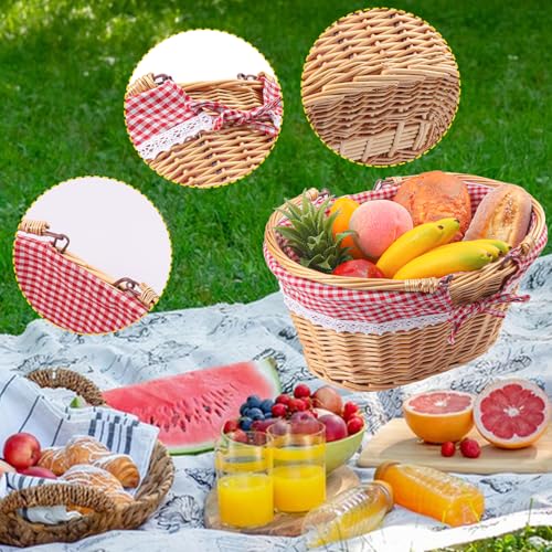 14.2 Inch Natural Wicker Basket with Linen Cotton Cloth Lining, Oval Wicker Woven Basket with Handle, Willow Woven Picnic Baskets for Picnic, Camping, Party(Large) - size: 1 Pack 14.2in Natural(Round willow)