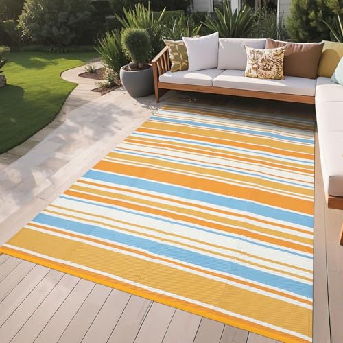GarveeHome 9x12 Outdoor Rug Modern Geometric Reversible Plastic Straw Outdoor Rugs Colorful Striped Indoor Outdoor Carpet UV Resistant Stain Large Rug for Balcony Deck Beach, Orange Yellow Blue White - color: Geometric Stripes| Orange Yellow Blue White, s