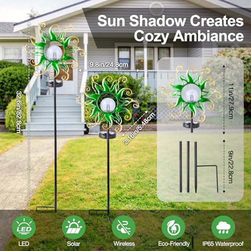 Solar Garden Lights Outdoor, Green Metal Sun Stake with 30 LED Waterproof Vine String Crackle Glass Spring Decor for Patio,Yardr,Lawn Gardening Birthday Gifts - color: Green