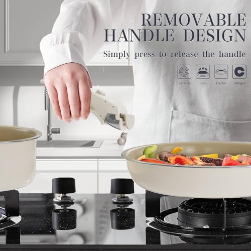 Ceramic Cookware Set - Kitchen Cookware Sets Detachable Handle Pots and Pans With Removable Handles Nonstick Frying Pans for Cooking Pot Set Nonstick Non Toxic Camping Cookware for RV Travel Gift - color: Light Brown