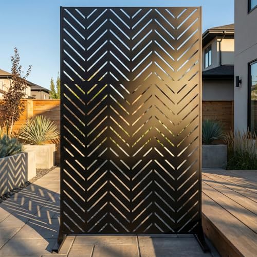 Metal Privacy Screen Outdoor – 6FT Freestanding Decorative Steel Panel with Stand, Laser-Cut Chevron Pattern Modern Privacy Divider, Rustproof & Weather-Resistant Screen for Patio, Garden & Backyard - color: Black & Chevron Pattern