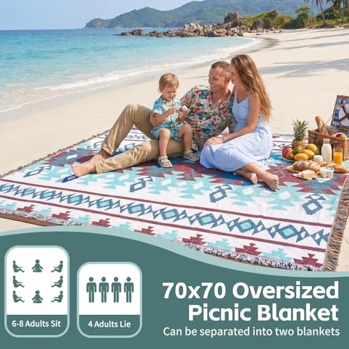 2 in 1 Extra Large Boho Beach Blanket Towel Sand Free Outdoor Picnic Mat Giant Oversized Xl Big Jumbo Huge Turkish Woven Throw Cloud Summer Vacation Essential Travel Must Have Accessories Women Gift - color: Boho Teal