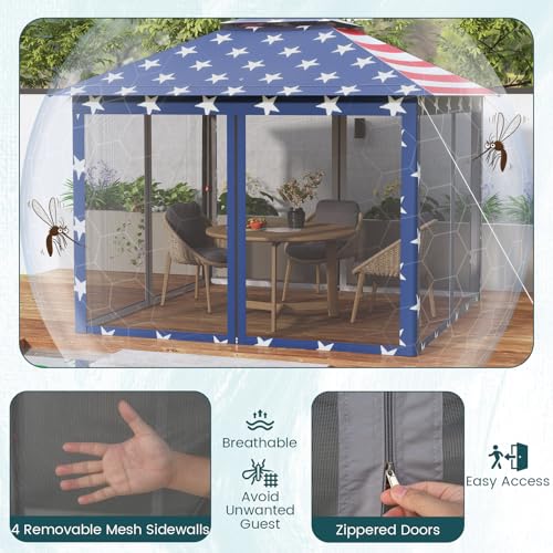 Goplus11 ft × 11 ft Pop up Gazebo, Portable Screen Canopy Shelter w/Mesh Netting Sidewalls, Vented Top, Drainage Holes, Heavy-Duty Height Adjustable Easy Setup Party Tent for Backyard - color: American Flag