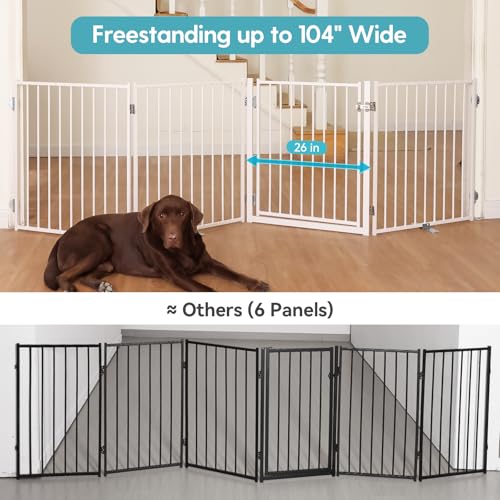 No Pawblems Free Standing Dog Gate with Door, 30'' Tall Foldable Dog Fence for Indoor & Outdoor, Up to 104 Inch Extra Wide Puppy Gate for Stairs, Hallways, Doorways, Deck, Yard (White, 4 Panels) - color: White, size: Up to 104" W, 4 Panels
