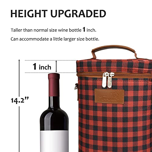 Tirrinia 2 Bottle Wine Gift Tote Carrier - Leakproof & Insulated Padded Versatile Cooler Bag for Travel, BYOB Restaurant, Tasting, Party, Dinner - Gift for Lovers, Red Checker - color: Red Checker, size: 2 Bottle-without front pocket