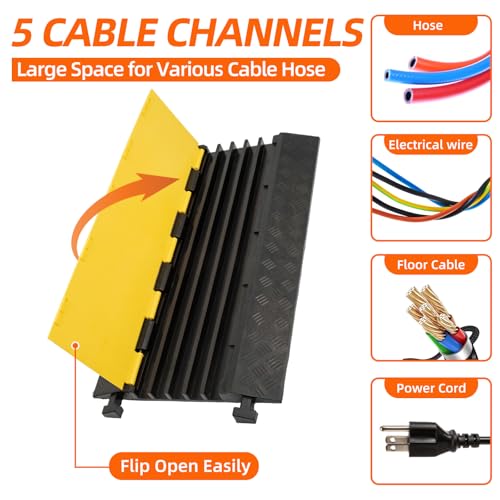 5 Channel 2 Pack Cable Protector Ramp Traffic Wire and Hose Ramp Cord Cover Heavy Duty Channels 18,000 lbs Load Capacity Cable Wire Ramp Speed Bump Driveway Cable Ramp Protective Cover - size: 5 Channel 2 Pack