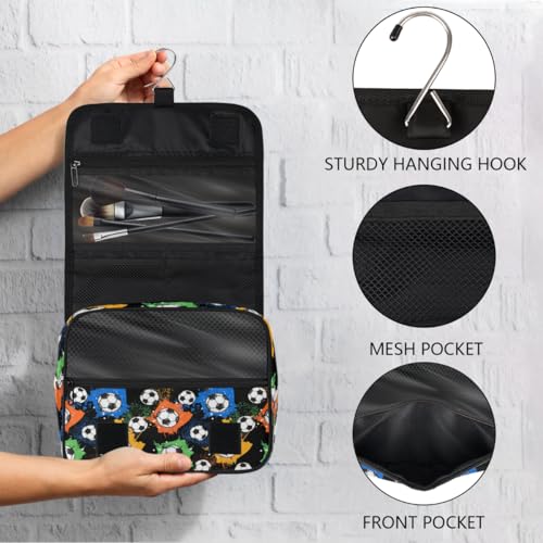 Colorful Splashes Soccer Ball Kids Toiletry Bag for Boys, Waterproof Travel Shaving Organizer with Hanging Hook, Portable Dopp Kit Cosmetic Bag for School Sports Camping Trips - color: Colorful Splashes Soccer Ball