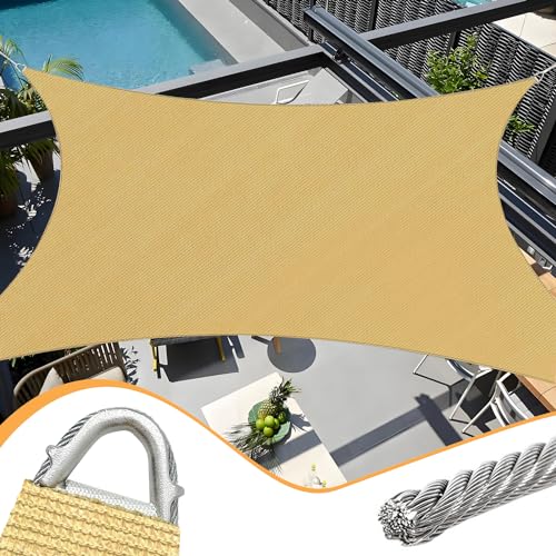 Upgraded with High-Strength Steel Cable Edges 20' x 24' Sun Shade Sail Sand Rectangle, Heavy Duty UV Blockage Outdoor Cover with Steel Wire Edges for Patio Garden - color: Sand, size: 20' x 24' Pro