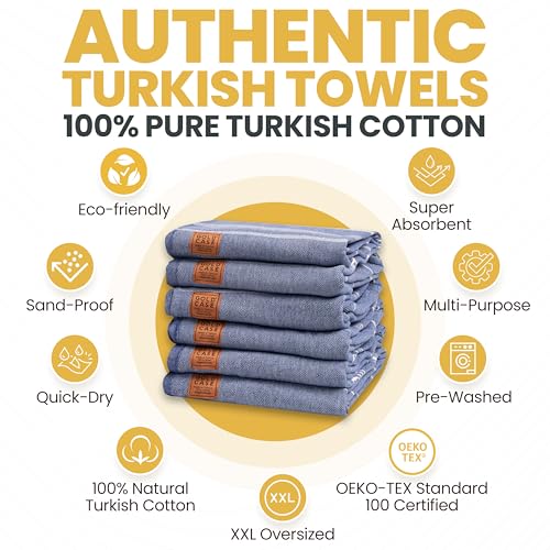 Gold CASE LYCIA Turkish Beach Towel Set of 6 – 100% Cotton Turkish Beach Towels Bulk 70 x 38'' – LYCIA Oversized, Quick Dry & Sand Free Beach Towel – Lightweight Towels Set in Navy Blue - color: Navy Blue, style: Beach-Bath Towel Set