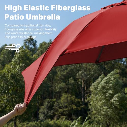 JEAREY 9FT Outdoor Patio Umbrella,Market Table Umbrella with 8 Fiberglass Ribs, Pool Umbrella with Tilt and Crank, UV Protection Lightweight & Wind-Resistant for Lawn, Garden, Deck and Backyard, Red - color: Red