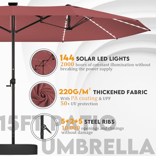 GDPFN 15ft Large Patio Umbrella with Solar Lights, Outdoor Double-Side Rectangular Umbrella with Base Included, Backyard Pool Umbrella with LED Light for Deck, Outside, Market, Burgundy - color: Burgundy, size: Base&led