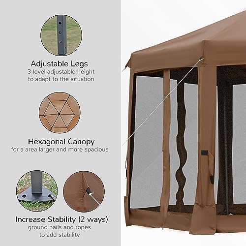 Outsunny 13' x 11' Hexagonal Pop Up Gazebo, Heavy Duty Outdoor Canopy Tent with 6 Mesh Sidewall Netting, 3-Level Adjustable Height and Strong Steel Frame, Brown - color: Brown