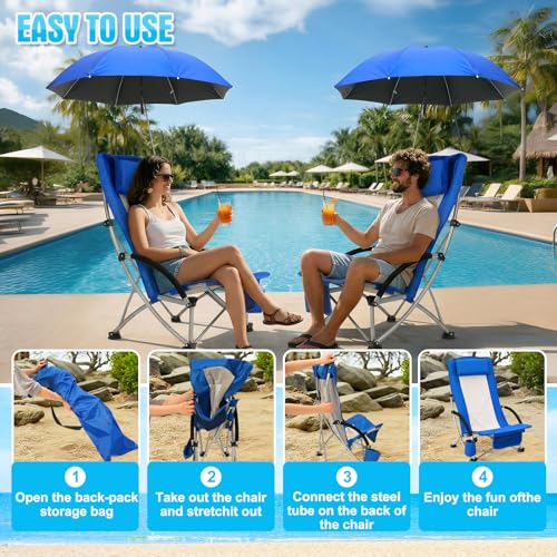 Colingmill 4 Pcs Low Beach Chair with Umbrella Camping Chair Backpack Folding Recliner Mesh Back with Headrest Cup Holder Carry Bag for Summer Tent Picnics Outdoor Travel Barbecues (Ocean Blue) - color: Ocean Blue
