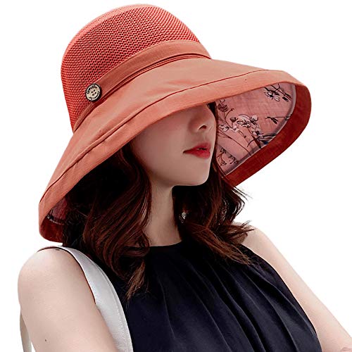 Women Mesh Sun Hats Summer Beach UV Protection UPF Packable Wide Brim Chin Strap - color: Orange-red