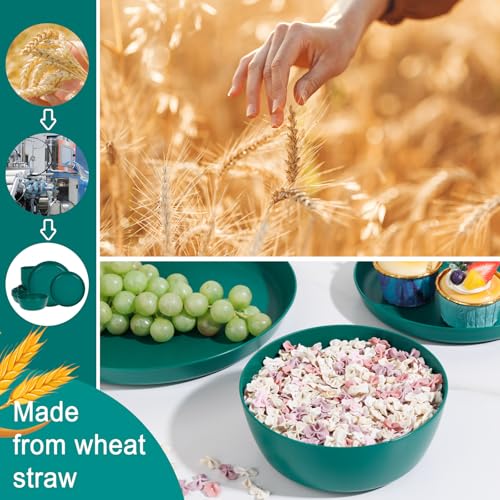 EI 12pcs Dark Green Wheat Straw Plates,Plate and Bowls Sets,Wheat Straw Dinnerware Set,Unbreakabl Plastic Plates Reusable,eMelamine Dinnerware Sets - color: Dark GreenWheat Straw Plates and Bowls