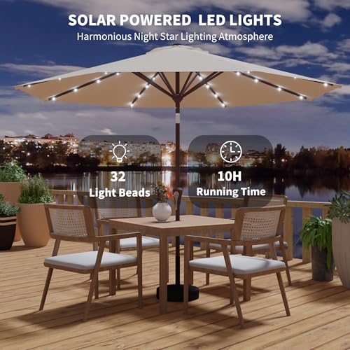 Kingdura 10FT Outdoor Patio Umbrella with Solar Lights, Market Table Umbrella with Push Button Tilt & Crank, 8 Sturdy Ribs, 32 LED Lights, UV Protection for Garden Lawn Deck Backyard Pool (Beige) - color: Beige-LED, size: 10 Ft