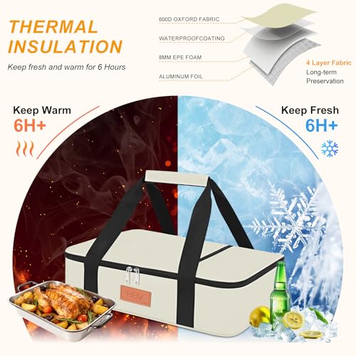 BBV Insulated Casserole Carrier for Hot or Cold Food, Food Warmer Bag Fits 9"x13" Baking Dish, Durable Nylon Leak Proof Food Containers for Travel, Potluck, Parties, Picnic, Cookouts (Beige) - color: Beige