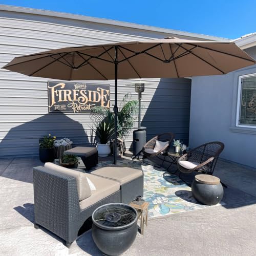 PURPLE LEAF 15ft Patio Market Umbrella with Base Double-Sided Rectangle Outdoor Table Sun Umbrellas with Crank 12 Heavy Duty Sturdy Ribs for Pool Beach Deck Backyard Taupe - color: Taupe, size: 15' X 9'