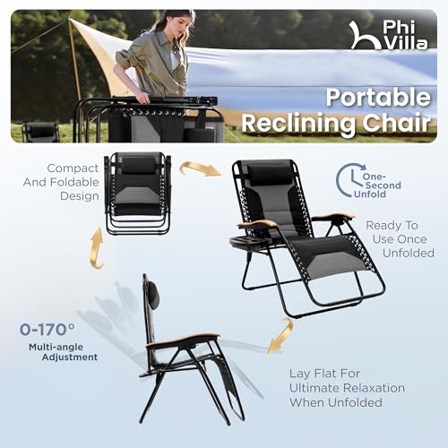 PHI VILLA XXL Oversized Padded Zero Gravity Chair, Foldable Patio Recliner, 30" Wide Seat Anti Gravity Lounger with Cup Holder, Support 400 LBS (Black) - color: Black, style: 1 Pcs