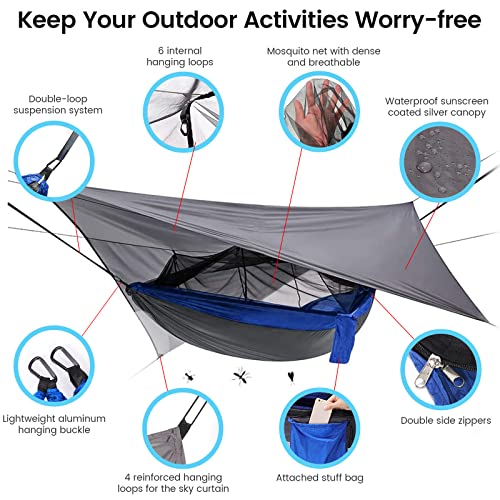 Camping Hammock with Mosquito Net & Rain Fly Tent Tarp & Tree Straps Portable Strong Nylon Hammock Parachute Tent w/Storage Bag for Camping Hiking Backyard Outdoor Backpacking Travel - color: Blue