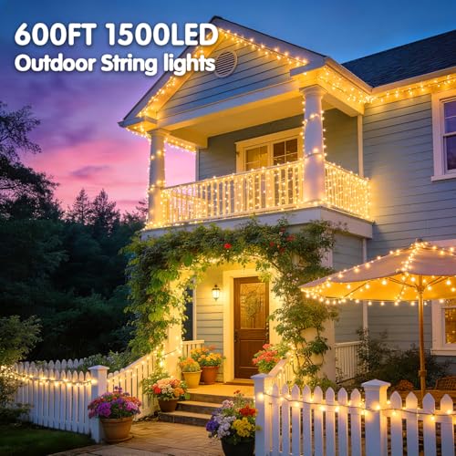 KNONEW 600ft 1500 LED Christmas String Lights Outdoor 8 Lighting Modes & Timer Dimmable Fairy Light Plug in Waterproof for Xmas Roof Yard Tree Wedding Party Holiday Decorations (Warm White) - color: Warm White, size: 600FT 1500 LED