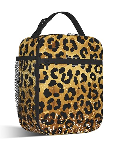 Leopard Print Lunch Box for Men,Gold Glitter Lightweight Reusable Lunch Bag for Girls Boys,Portable Insulated Small Cooler Bag for Picnic,Travel,School,Office - color: Leopard Print