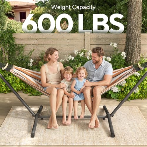 600lbs Hammock with Stand for Outside, 2 Person Portable Hammock with Side Storage, Carrying Bag, Expend Wooden Bar for Outdoor or Indoor (Brown Black) - color: Brown Black