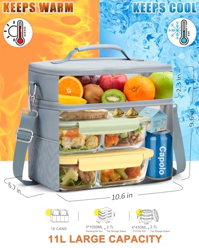 Capolo Lunch Box for Women Men Adults,Double Deck Insulated Lunch Bag Leakproof Lunch Cooler Box with Removable Strap Lunch Tote Bags Reusable Thermal Lunchbox for School Work Picnic(Large,Blue) - color: Blue, size: Large