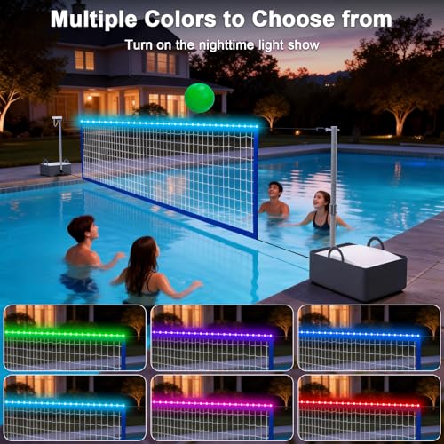 Pool Volleyball Net Set with High Brightness LED Solar Powered Lights, 15ft-32ft Adjustable Portable Volleyball Net with 40L Weighted Base for Inground Pools, 2 Ball & Pump for Family Fun, Party Games