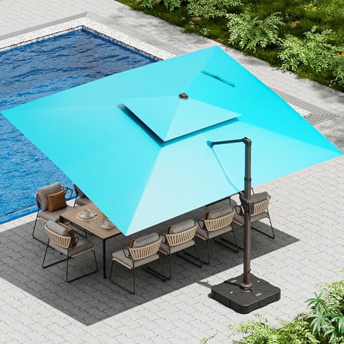 10 X 13 FT Cantilever Patio Umbrella with Led Lights and Base Included Outdoor Heavy Duty Double Top Rectangle Offset Umbrellas with 360-degree Rotation for Pool Deck Backyard, Turquoise - color: Turquoise, size: 10' X13'-Weighted Base Included