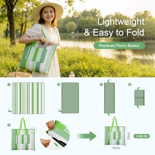 2 in 1 Tote Picnic Blanket Waterproof Outdoor Camping Mat,Large Capacity Beach Blanket 80''x80'' 7Layers Easy to Foldable and Carry. - color: Green