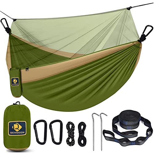 Camping Hammock with Net,Portable Lightweight Double Hammocks with Tree Straps and Solid D-Shape Carabiners,Parachute Nylon Hammock for Backpacking Beach Backyard Patio Hiking Green&Khaki - color: Green & Khaki, size: X-Large