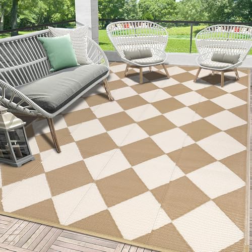 HEBE Outdoor Rug Waterproof 6x9, Checkered Plastic Straw Rug RV Camping Rug, Reversible Outdoor Patio Mat Clearance, Outside Carpet for Porch,Deck,Camper,Balcony - color: Beige/Brown, size: 6' x 9' (Rectangular)