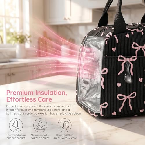 LEDAOU Lunch Box for Women Insulated Lunch Bag Corduroy Lunch Tote Bags Leakproof Cooler Lunch Case for Travel Work Picnic (Bow Tie Black) - color: Bow Tie Black