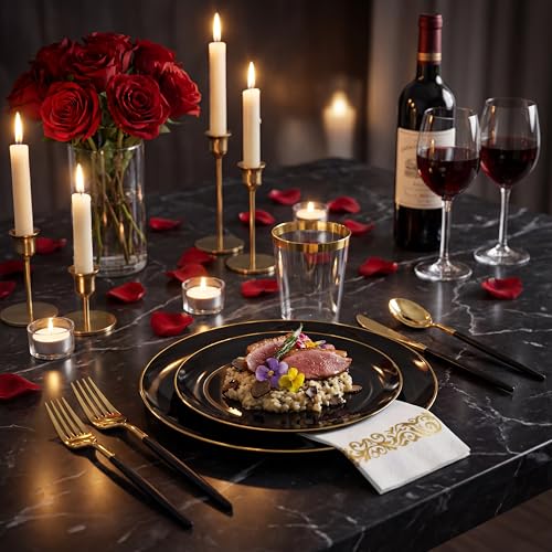 Supernal 350pcs Black Plastic Dinnerware Set - Black and Gold Plastic Plates, Gold Silverware Set, Wedding Party Plate, Cups for Birthday, Party, Wedding,Valentine's Day, Mother's Day and Easter - color: 350pcs Black and Gold Plastic Dinnerware Set