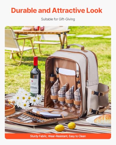 VEVOR Picnic Backpack, Beach Picnic Backpack Bag for 4 Person with Insulated Cooler Compartment, Detachable Bottle/Wine Holder, Lightweight Blanket, Plates & Cutlery Set for Outdoor, Hiking, Camping - size: single layer for 4 & gray