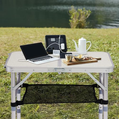 2FT Portable Folding Camping Table with 3 Adjustable Heights – Lightweight Aluminum Picnic & Patio Side Table with Mesh Shelf & Carry Handle for Outdoor Indoor Use, White