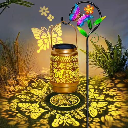 2 Packs Butterfly Solar Lanterns Outdoor Waterproof with Shepherd Hook,Garden Lights Butterfly Decor,Christmas Decorations Birthday Gifts for Women Mom,Hanging Solar Lights Decorative for Patio,Porch - style: 2 packs solar butterfly lanterns