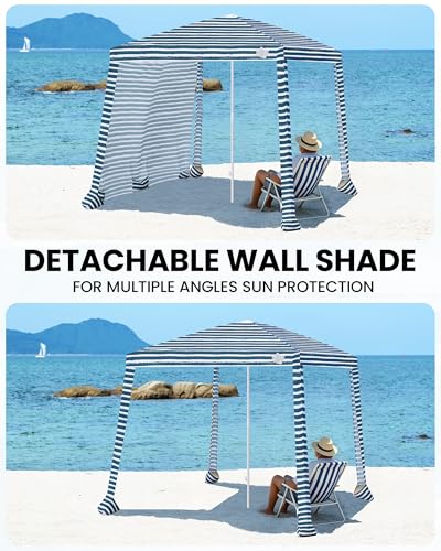 Qipi Beach Cabanas for Sand, Beach Canopy with Sandbags & Side Wall for Family, Easy Set Up Sun Shelter, UPF 50+ UV Protection with Roof Vent - color: 8' x 8' Sailor Stripes Dual-Fold