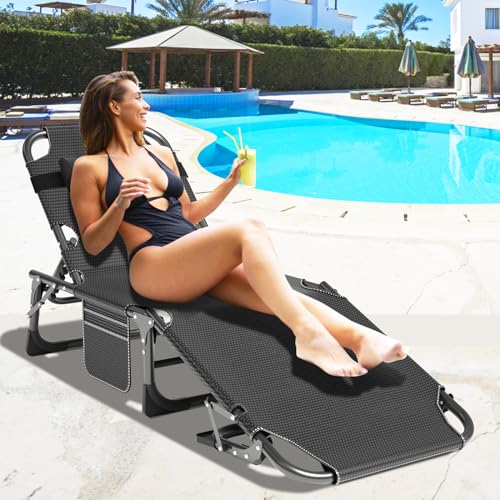 ABORON Heavy Duty Tanning Chair, 5-Gear Outdoor Folding Chaise Lounge Chair with Cushion,Portable Beach Lounge Chair for Outdoor Sunbathing Patio Pool Lawn Deck Poolside - color: Coal Black, style: Lounge Chair