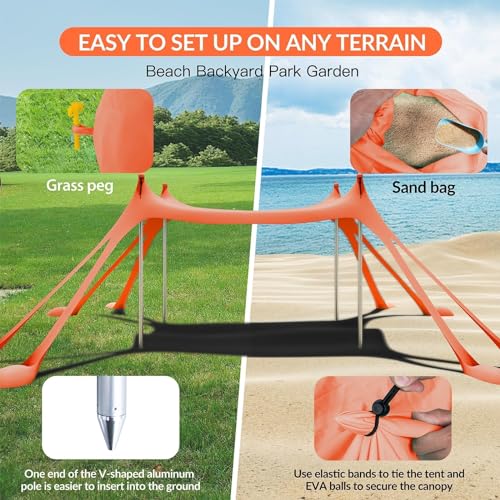 Gardentime Beach Tent Canopy with 8 Sandbags 4 Aluminum Poles, Pop Up Portable Camping Sun Shelter, Easy Set Up with 2 Sand Shovel, Ground Pegs, Carrying Bag for Outdoor Beach,Picnic, Fishing - color: Orange