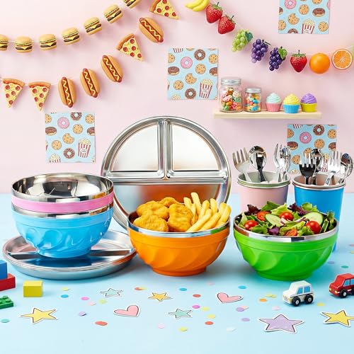 Jinei 20 Pcs Stainless Steel Bowls Set, 4 Stainless Steel Plates, 4 Metal Bowls, 4 Metal Cups, 4 Spoons, 4 Forks, Rainbow Colorful Utensils Dishwasher Safe, Durable Dining Set for Home Travel Camping