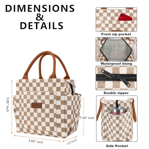 Joymee Lunch Bag Women Insulated Lunch Box Reusable Leakproof Large Spacious Cooler Tote for Women Men Adult with Bottle Holder and Side Pockets for Work Office Travel Picnic - Checker Brown - color: 04 Checker Brown