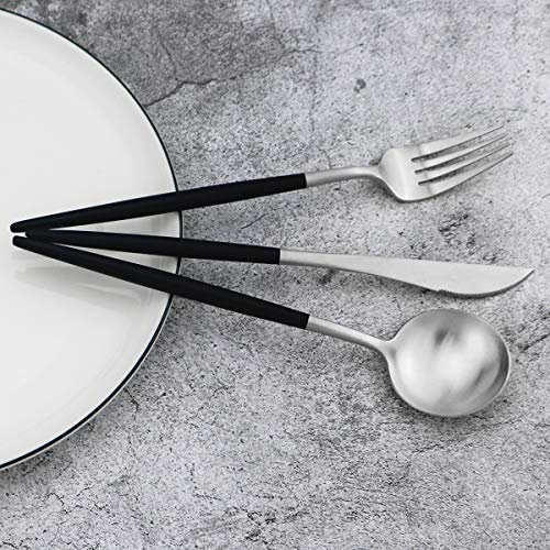 20-Piece 18/10 Stainless Steel Flatware Silverware, Luxury Dinnerware Set Travel Cutlery Tableware Include Knife Fork Spoon Service for 4, Dishwasher Safe (Black Handle Matte Silver) - color: Black Handle Silver, size: Service for 4