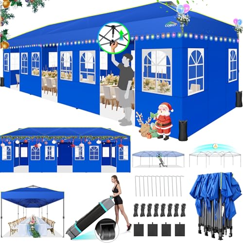 COBIZI 10x30 Pop Up Canopy Tent with Sidewalls - Party Outdoor Wedding Event for Parties - UPF 50+ Windproof Waterproof Gazebo with Air Vent, Wheeled Bag, Sandbag, Stake, Rope (Blue) - color: Blue(1-year warranty), size: 10x30