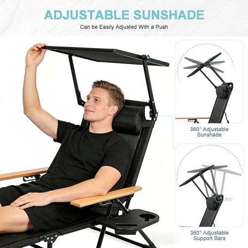 Outdoor Chaise Lounge Chair with 4-Position Adjustable Backrest,Patio Folding Sun Tanning Chair,Pillow & Cup Holder,Portable Recliner Sunbathing Lounger Chairs for Beach Garden (Black with Shade) - color: Black With Shade